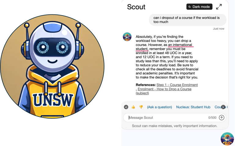 example conversation of how the Scout chatbox can help a student