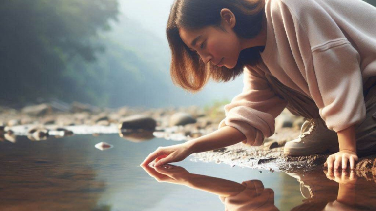 Girl seeing a reflection of herself in a pond