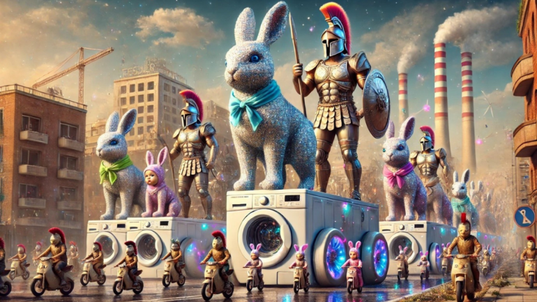 AI generated image of rabbits, Roman soldiers and babies riding washing machine and motorbikes