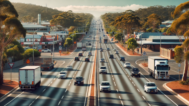 Image created by DALLE, six lane highway with car moving on either side