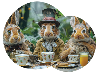 Images of three rabbits having a tea party