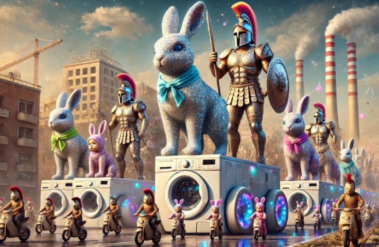 AI generated image of rabbits, Roman soldiers and babies riding washing machine and motorbikes