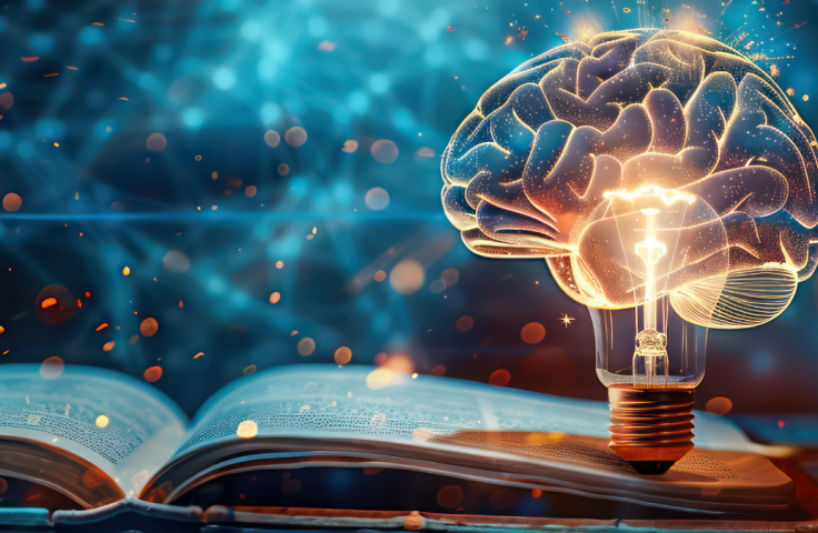 Image of book and brain light bulb graphic